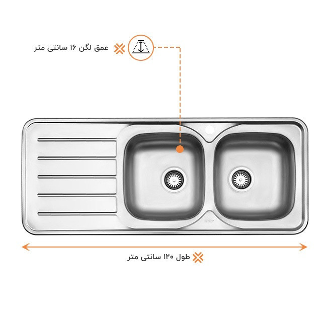 سینک ظرفشویی استیل توکار دو لگنه استیل البرز مدل 221